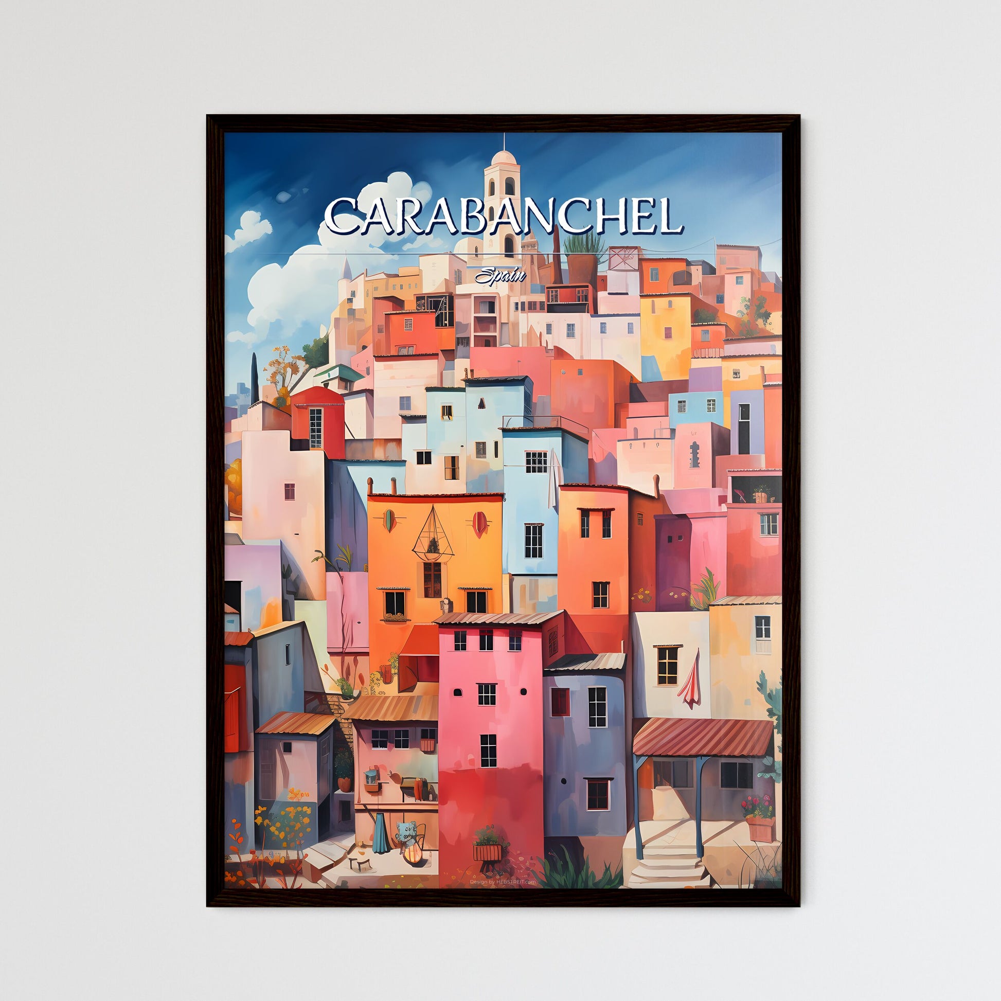 Carabanchel, Spain - Art print of a painting of a colorful city Framed Art