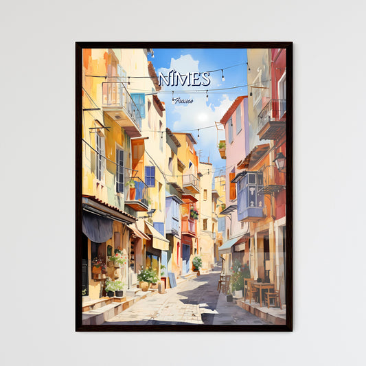 Nîmes, France - Art print of a street with buildings and chairs Framed Art
