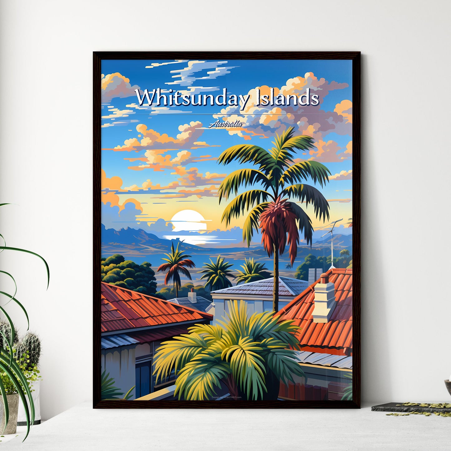 On the roofs of Whitsunday Islands, Australia - Art print of a palm trees and rooftops in a village Framed Art