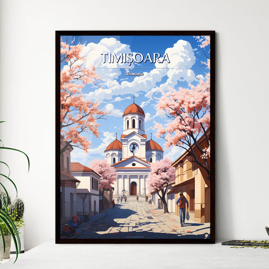 Timișoara, Romania - Art print of a church with a dome roof and people walking in the street Framed Art