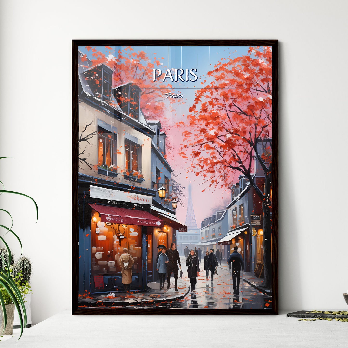 Paris, France - Art print of a group of people walking on a street with buildings and trees Framed Art
