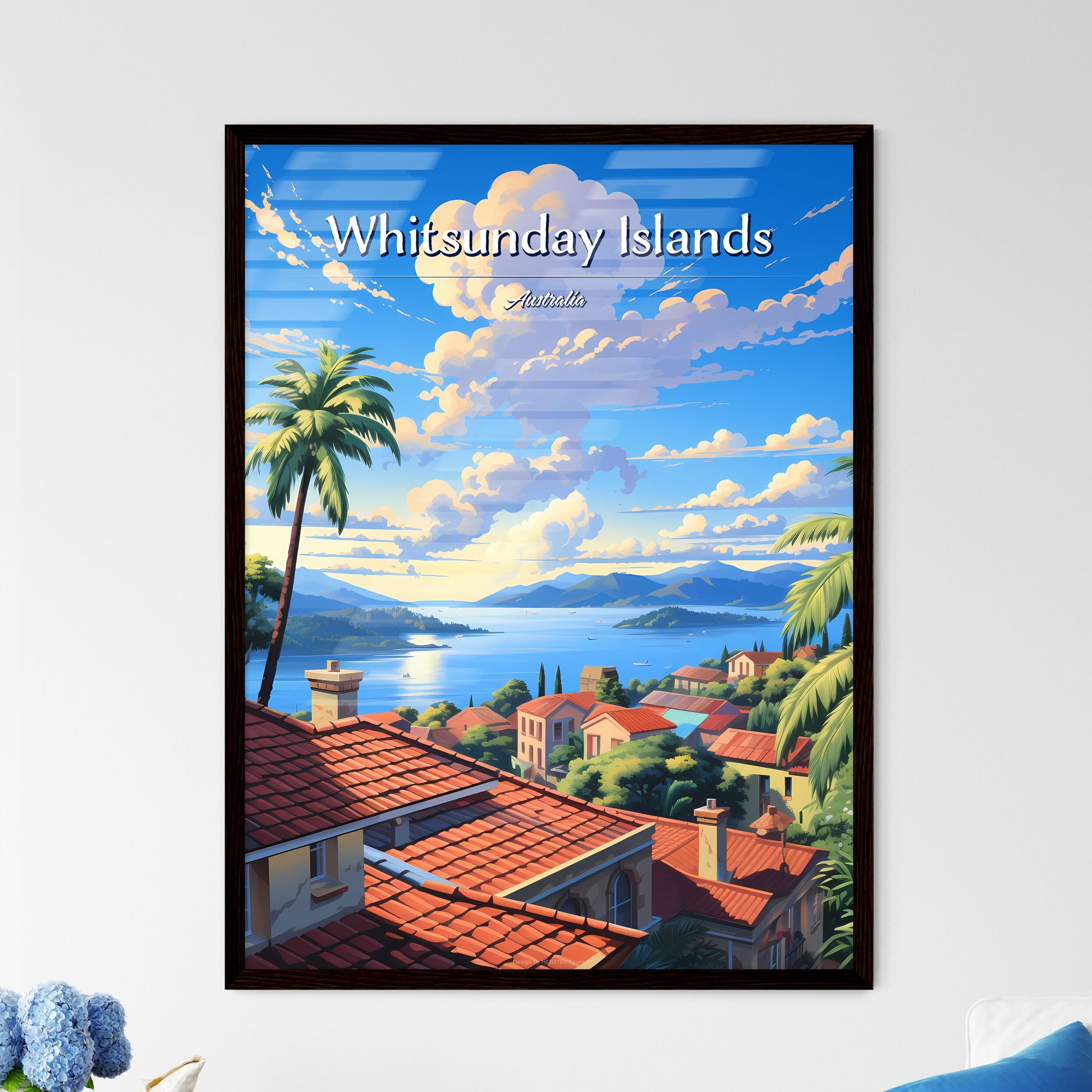On the roofs of Whitsunday Islands, Australia - Art print of a view of a town with a body of water and mountains Framed Art