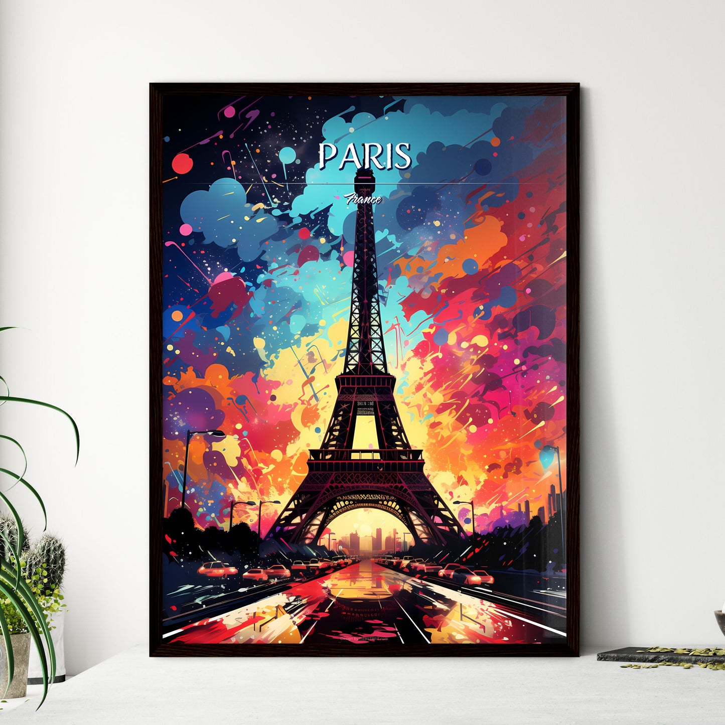 Paris, France - Art print of a eiffel tower with colorful explosion with Eiffel Tower in the background Framed Art
