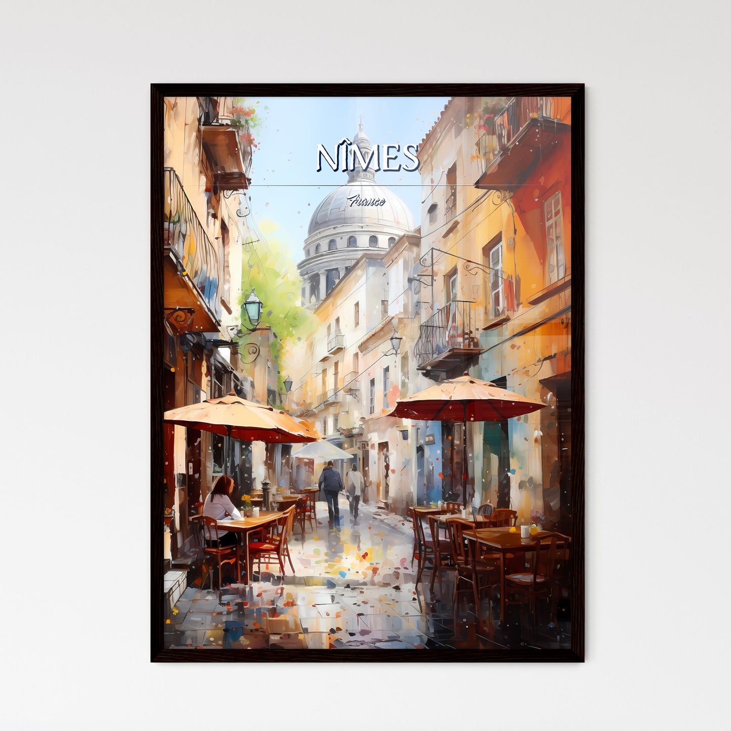 Nîmes, France - Art print of a street with tables and umbrellas in a city Framed Art