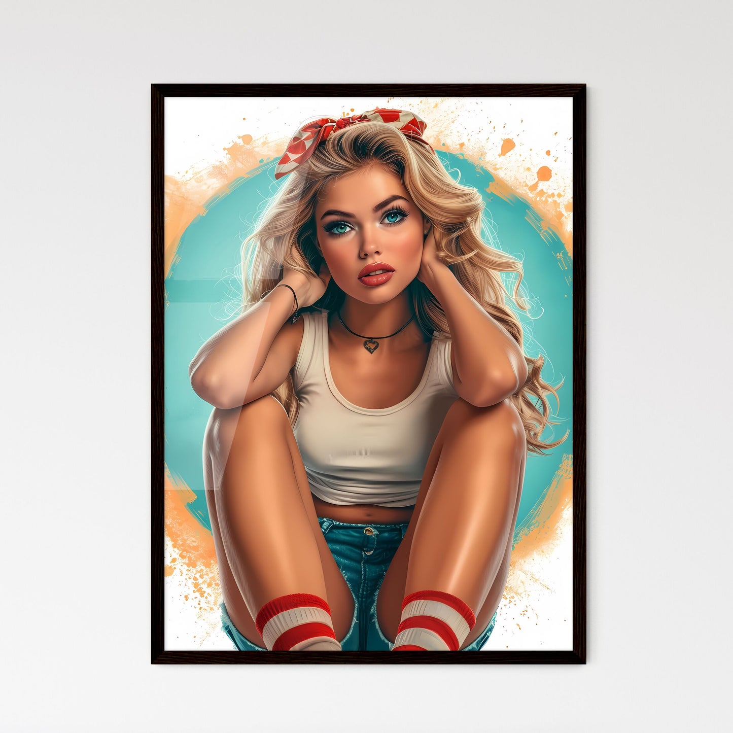 Surprised woman with beautiful legs taking p - Framed Art Print