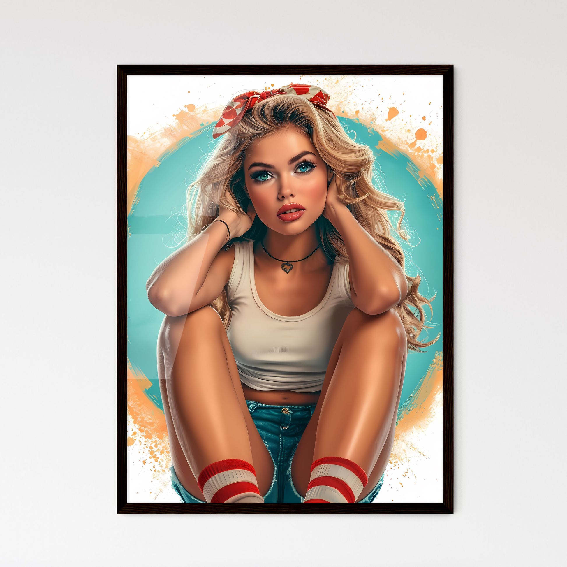 Surprised woman with beautiful legs taking p - Framed Art Print