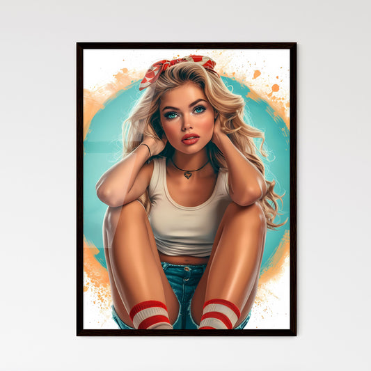 Surprised woman with beautiful legs taking p - Framed Art Print