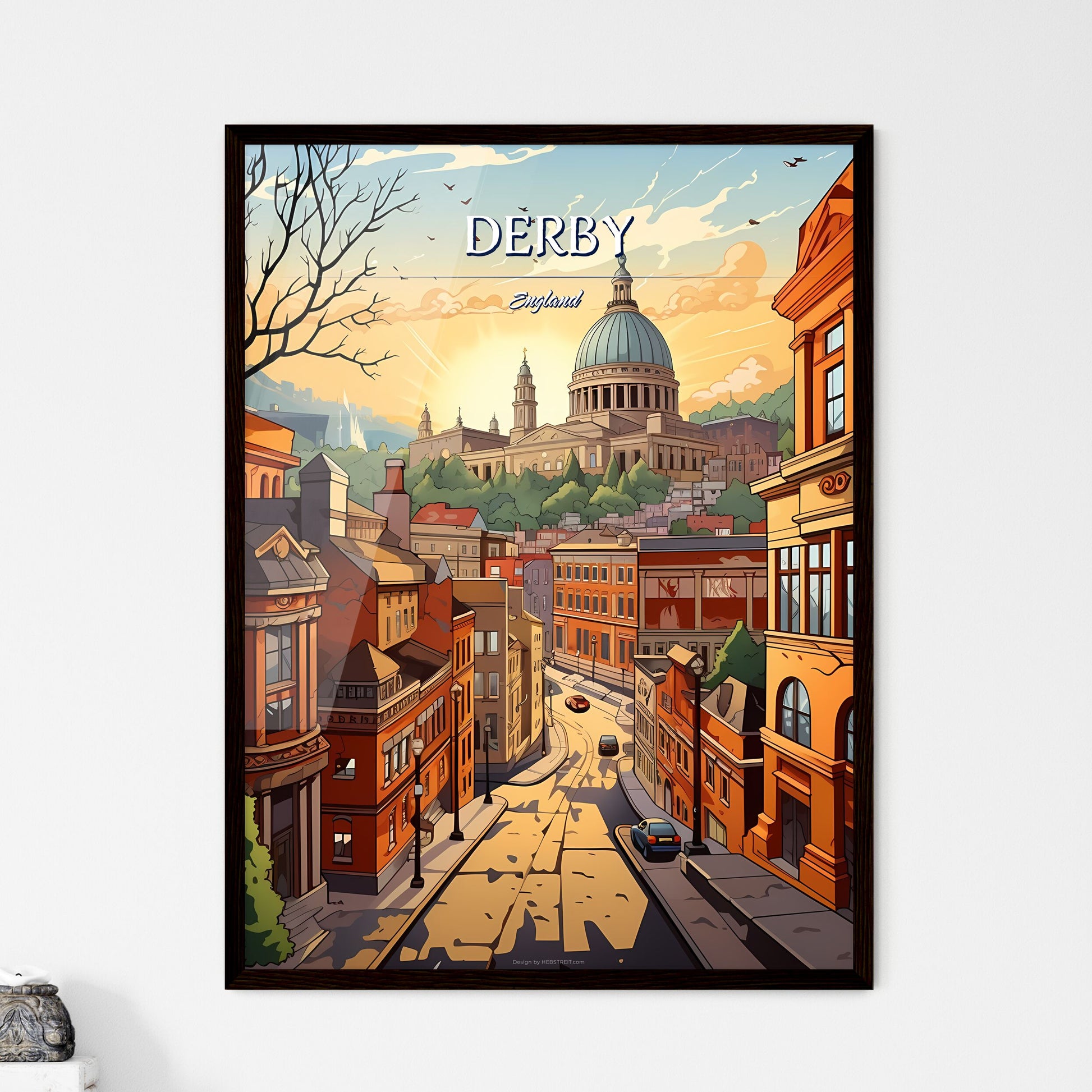 Derby, England - Art print of a city street with a dome and buildings Framed Art