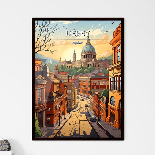 Derby, England - Art print of a city street with a dome and buildings Framed Art