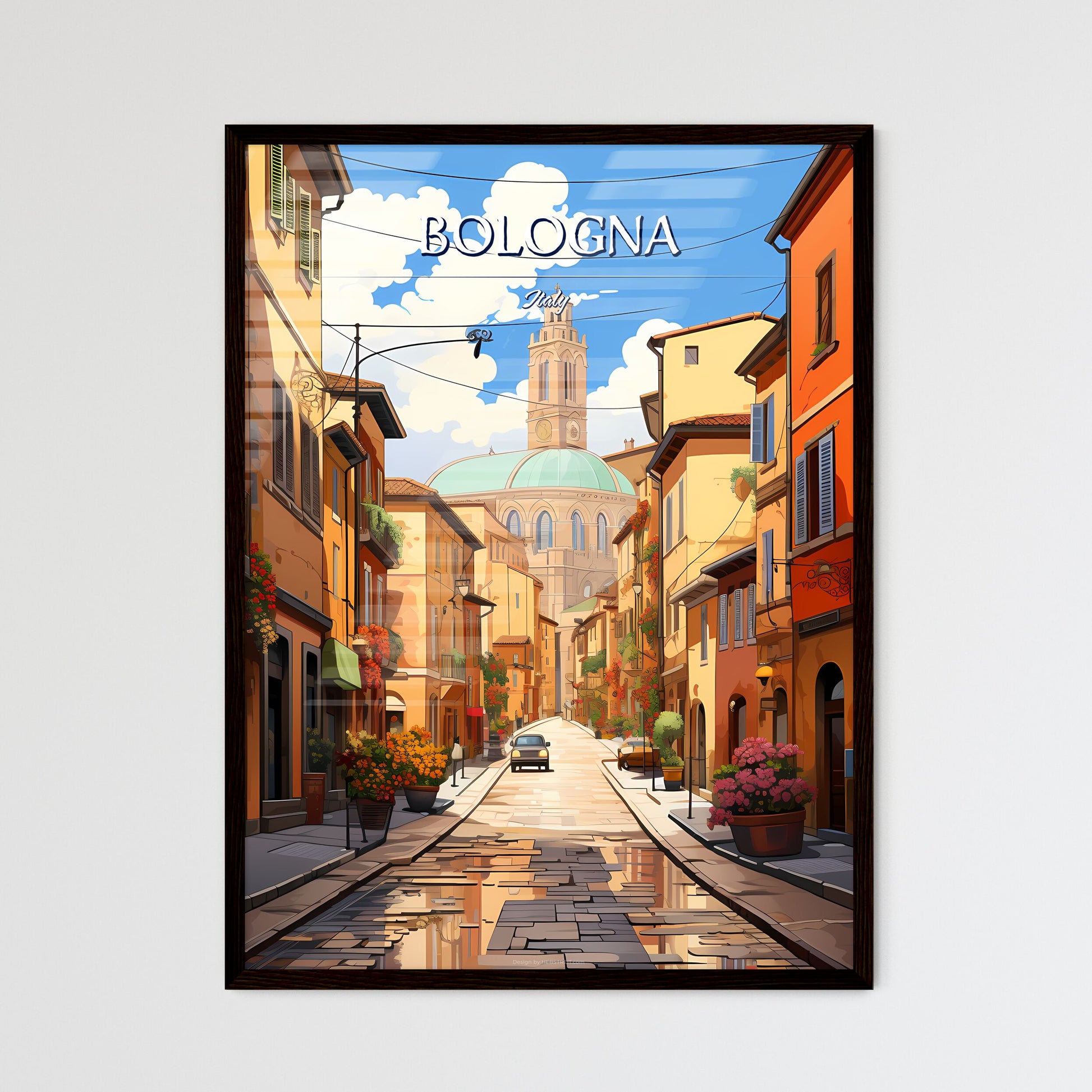 Bologna, Italy - Art print of a street with buildings and a car Framed Art