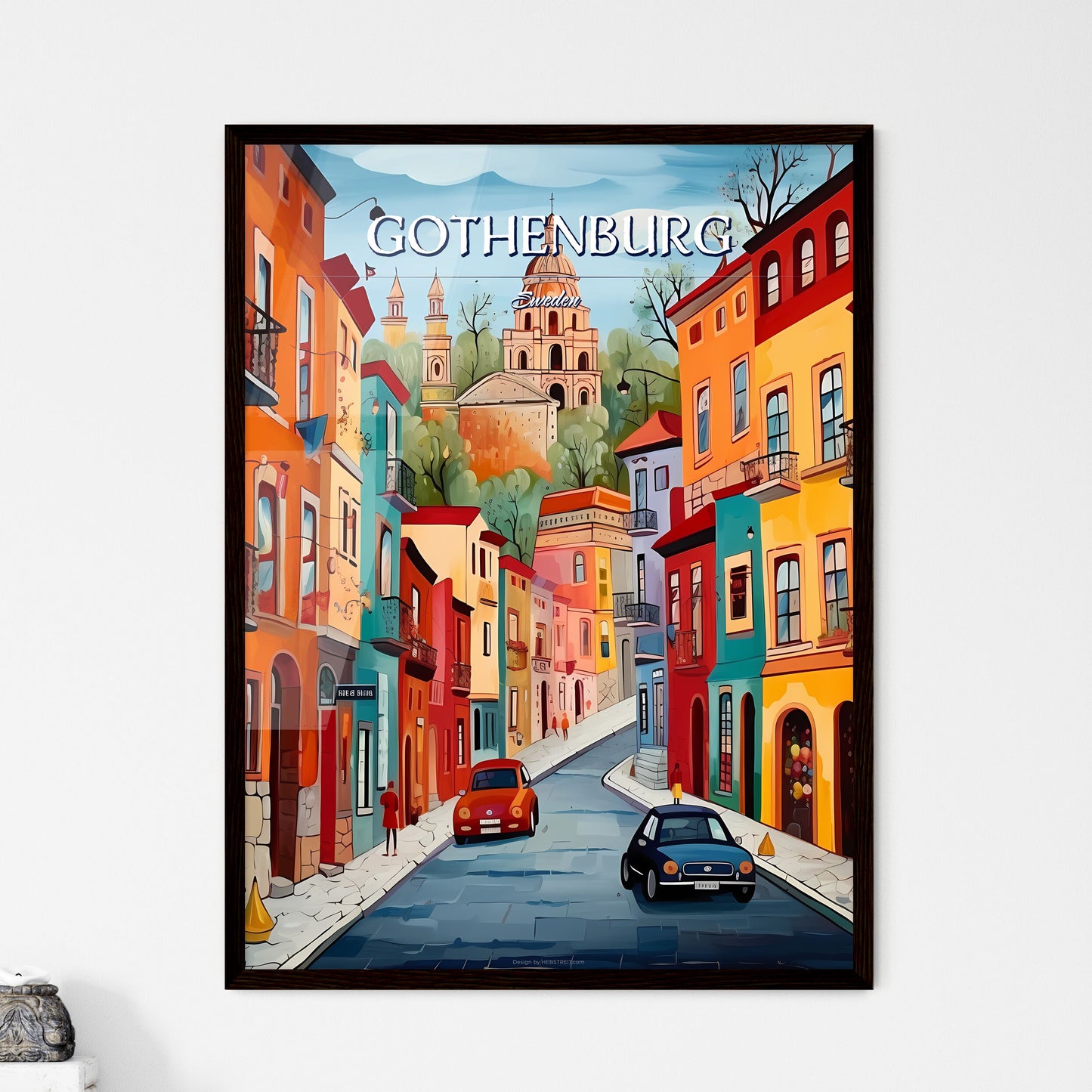 Gothenburg, Sweden, - Art print of a painting of a street with buildings and cars Framed Art