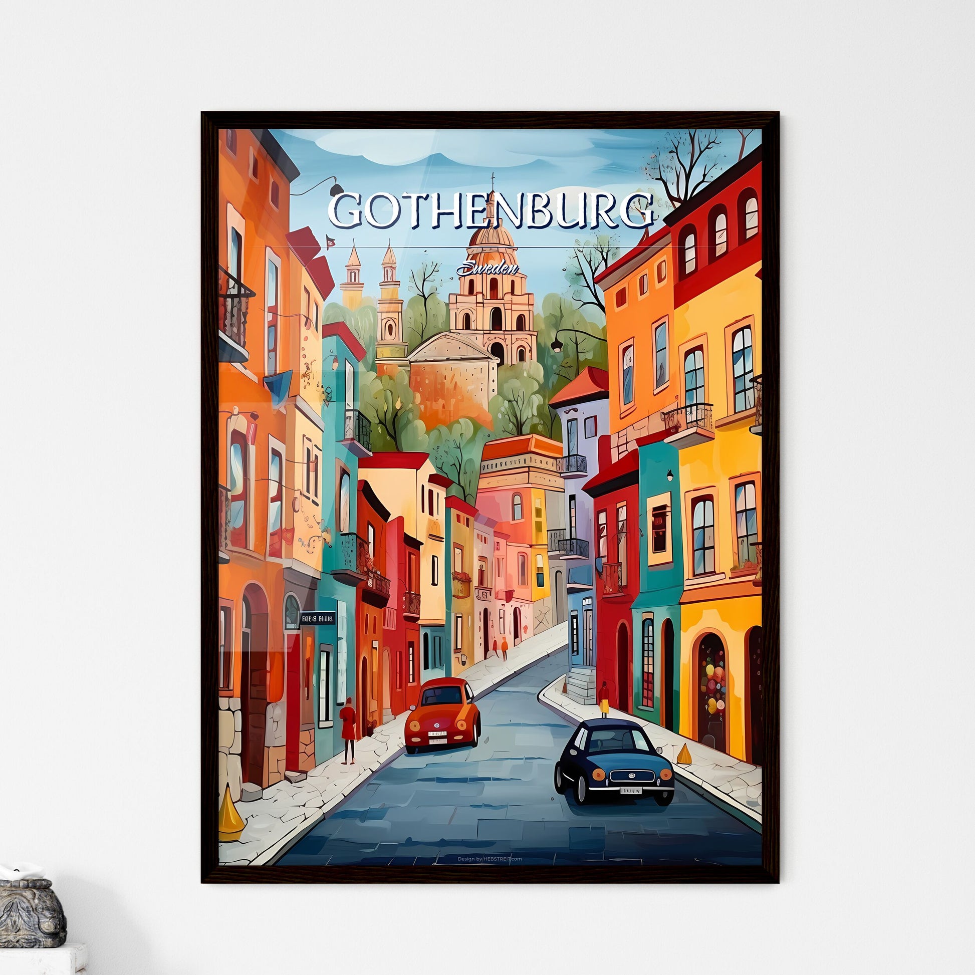 Gothenburg, Sweden, - Art print of a painting of a street with buildings and cars Framed Art