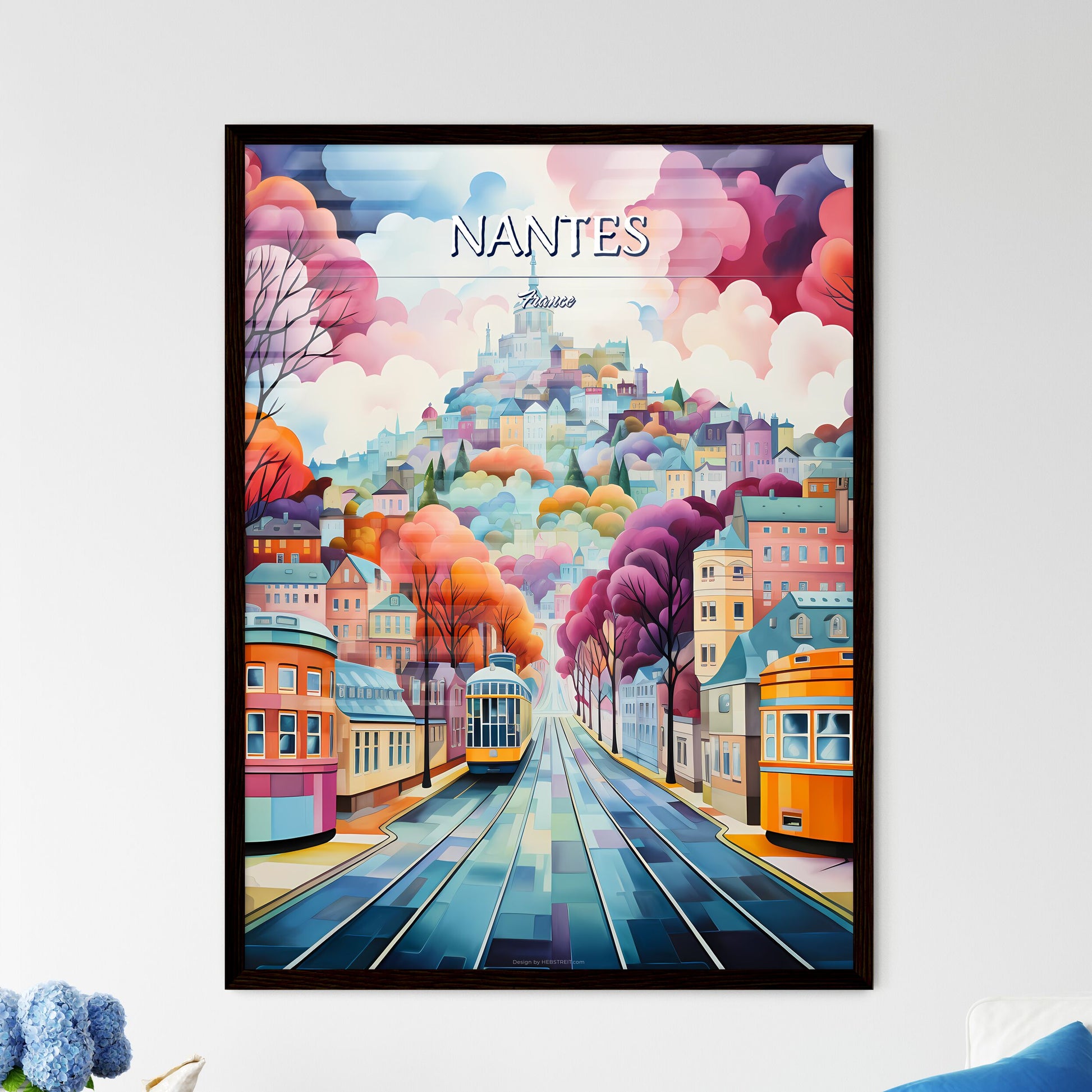 Nantes, France - Art print of a painting of a city street with trolleys and trees Framed Art