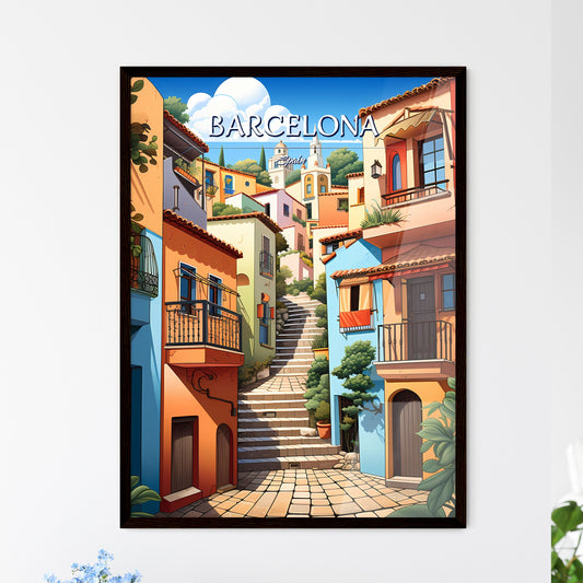 Barcelona, Spain - Art print of a colorful buildings with stairs Framed Art