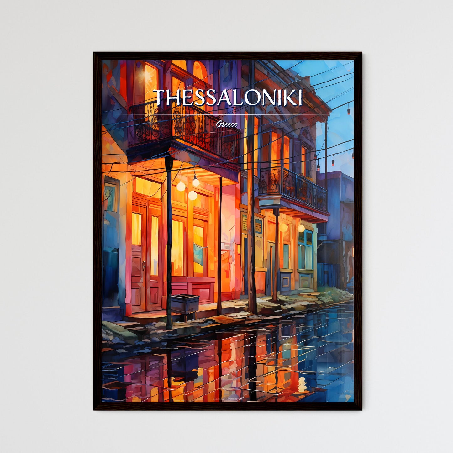 Thessaloniki, Greece - Art print of a watercolor of a street with buildings and a reflection of a car Framed Art
