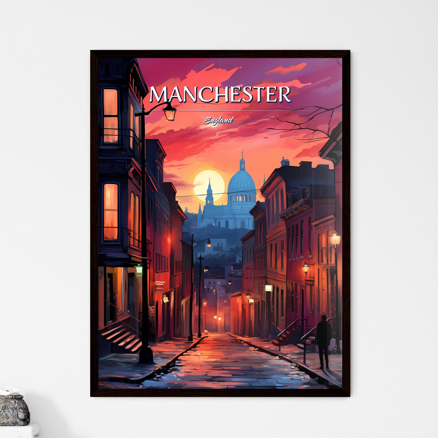 Manchester, England - Art print of a street with buildings and a building in the background Framed Art