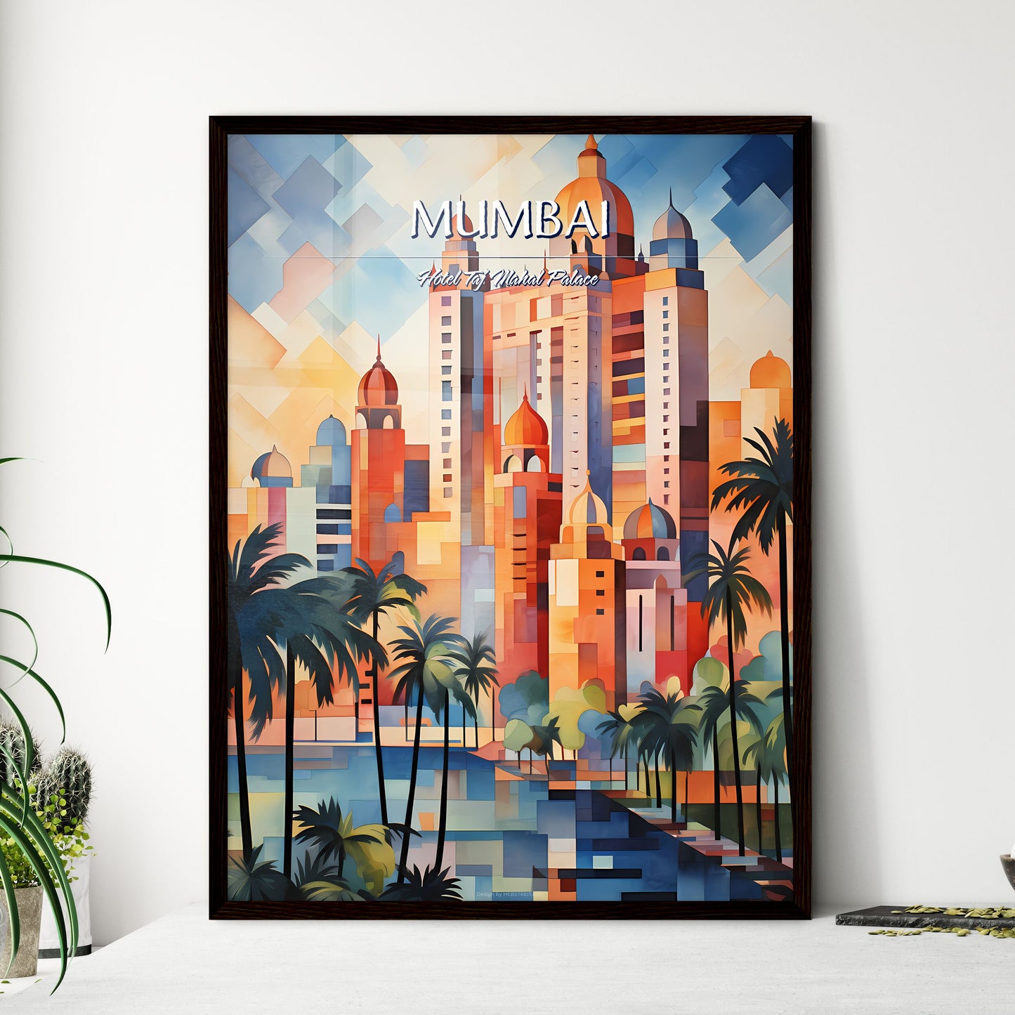 Mumbai, Hotel Taj Mahal Palace - Art print of a painting of a city with palm trees Framed Art