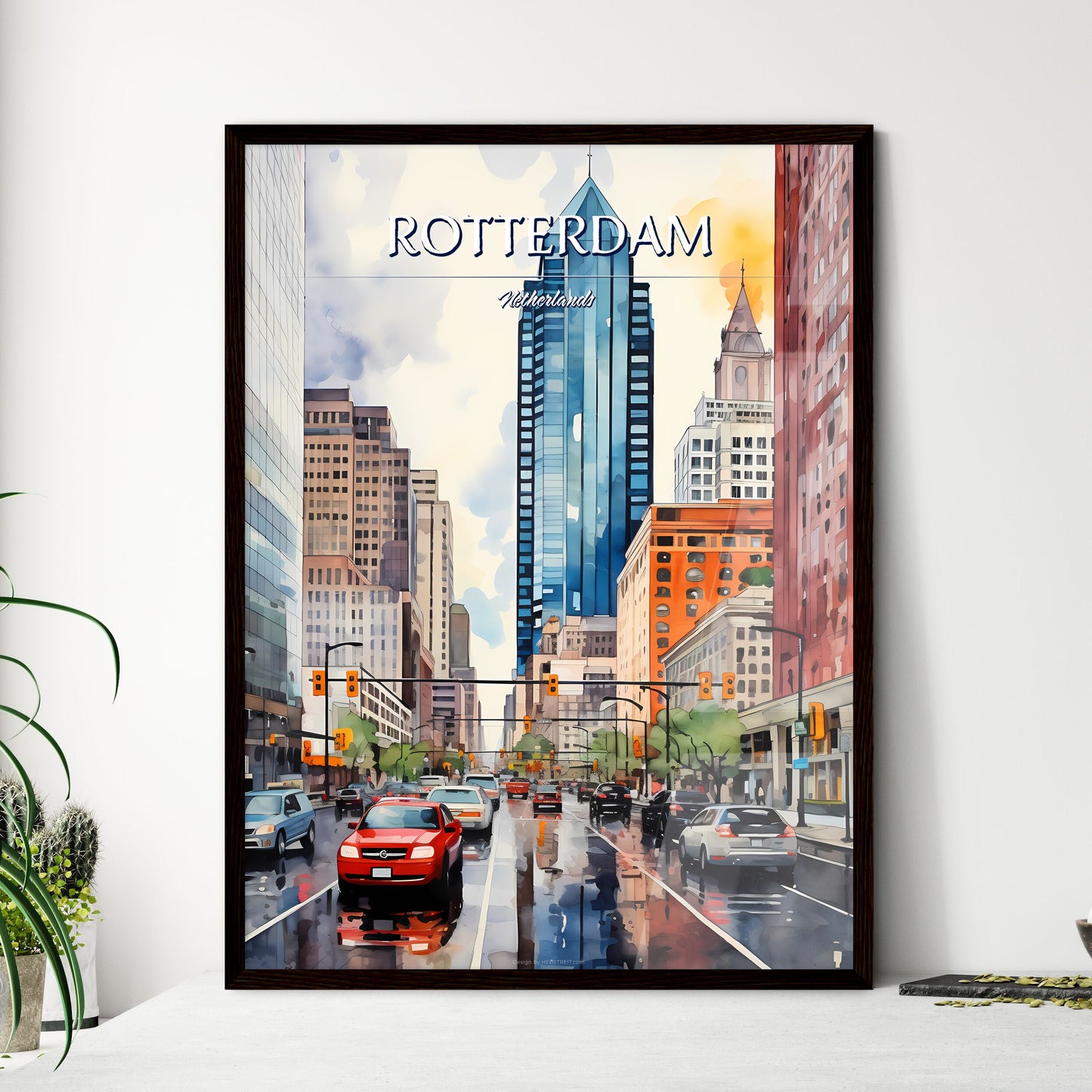 Rotterdam, Netherlands - Art print of watercolor of a city street with cars and buildings Framed Art