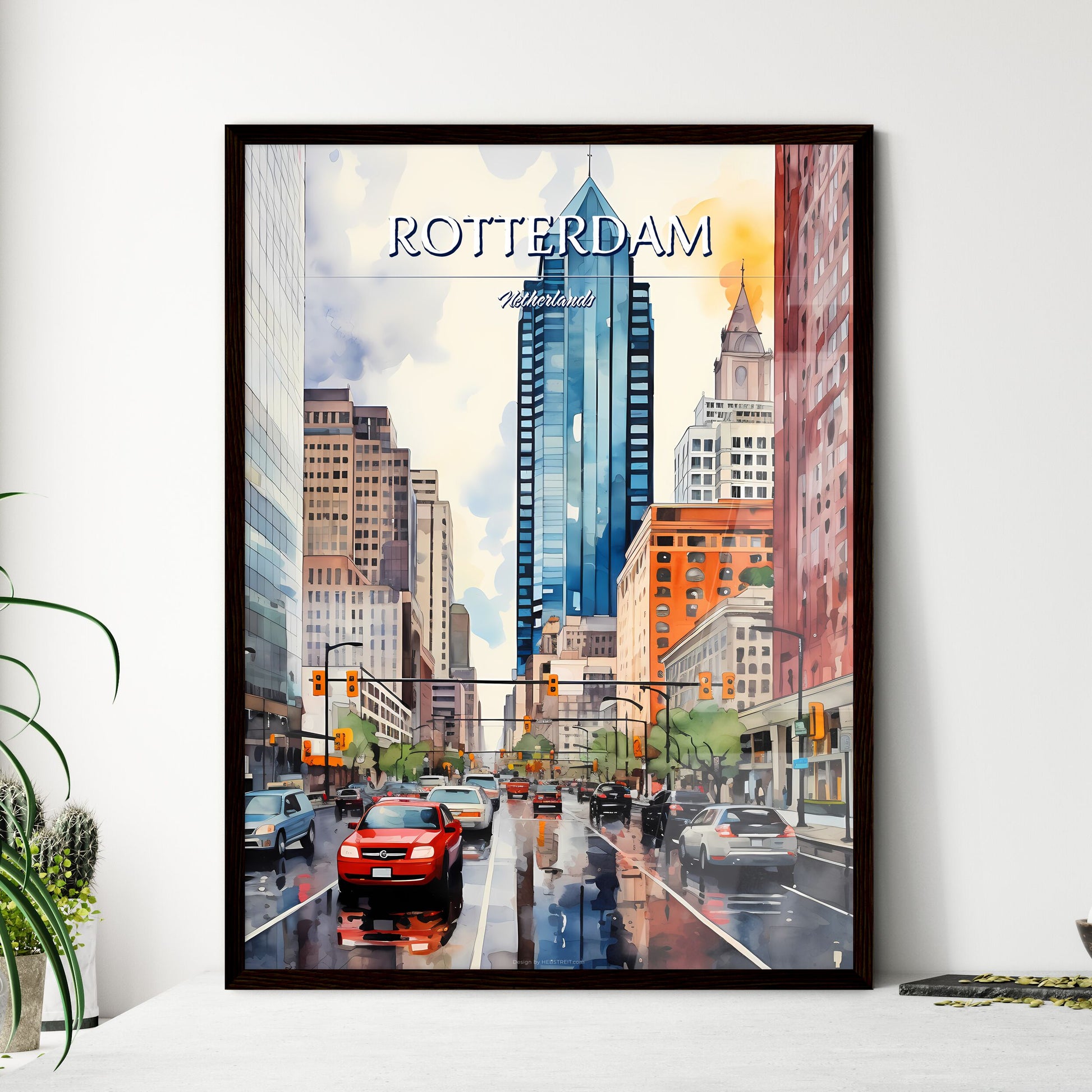 Rotterdam, Netherlands - Art print of watercolor of a city street with cars and buildings Framed Art