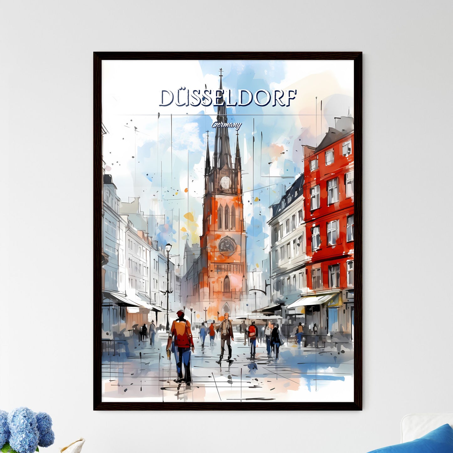 Düsseldorf, Germany - Art print of a watercolor of a street with a clock tower and people walking Framed Art
