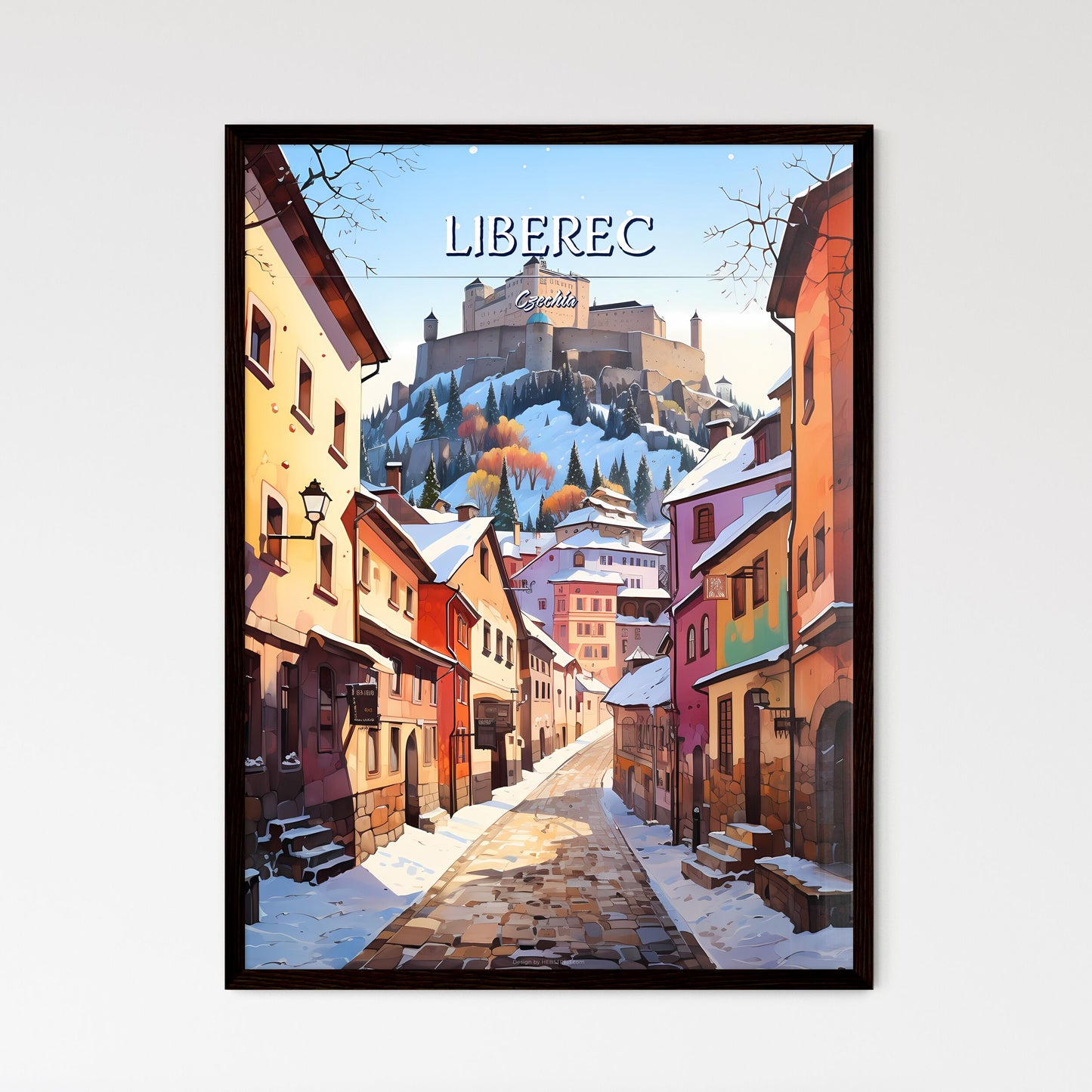 Liberec, Czechia - Art print of a street with buildings and a castle in the background Framed Art