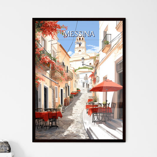 Messina, Italy - Art print of a street with tables and chairs and red umbrellas Framed Art