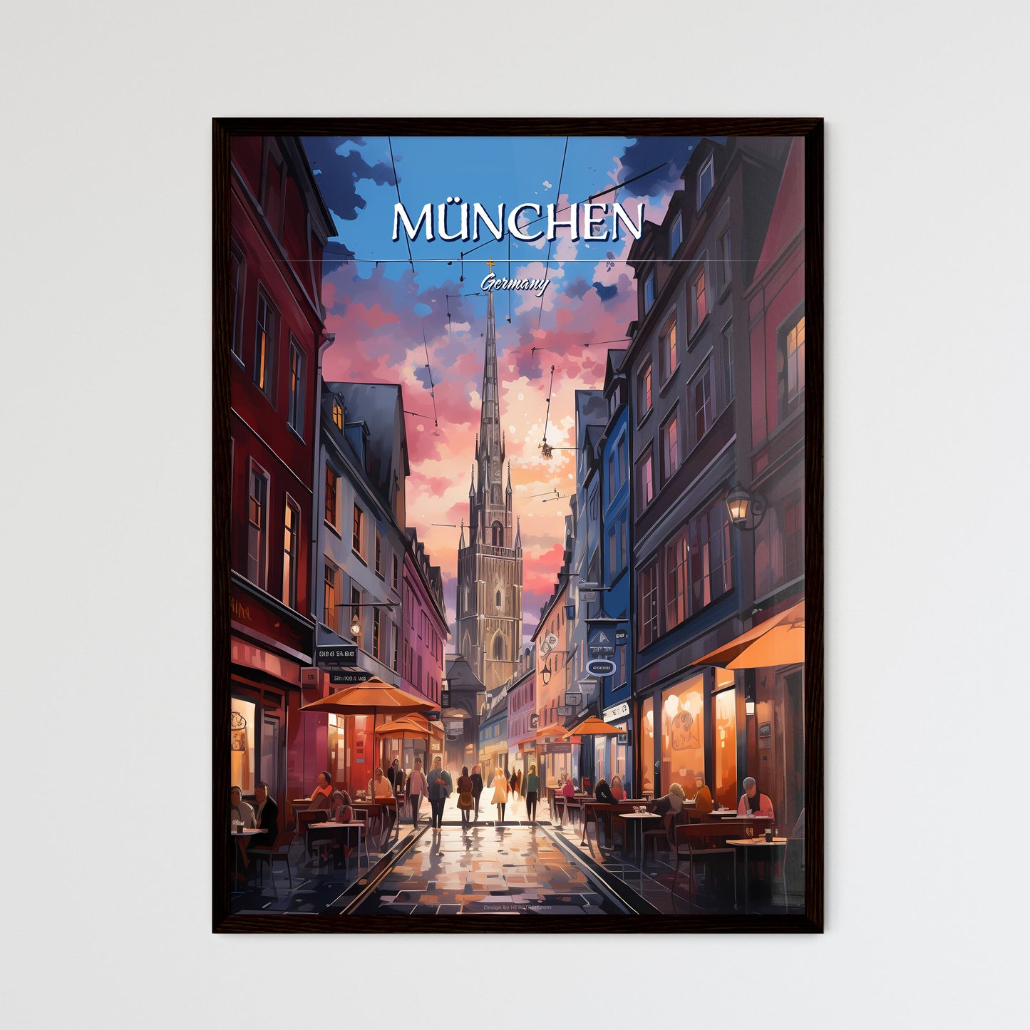 München, Germany - Art print of a street with people and tables in front of a tall tower Framed Art