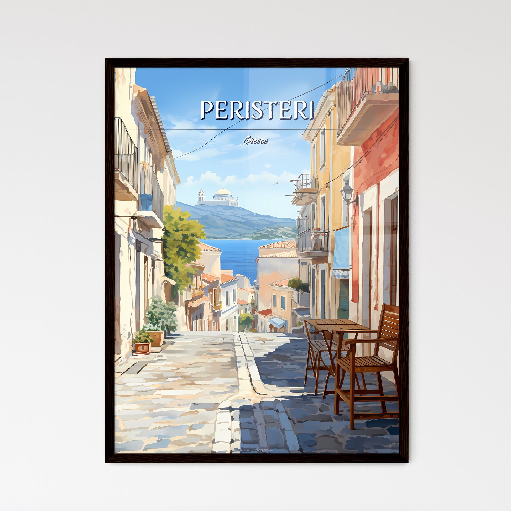 Peristeri, Greece - Art print of a street with chairs and tables in front of a body of water Framed Art