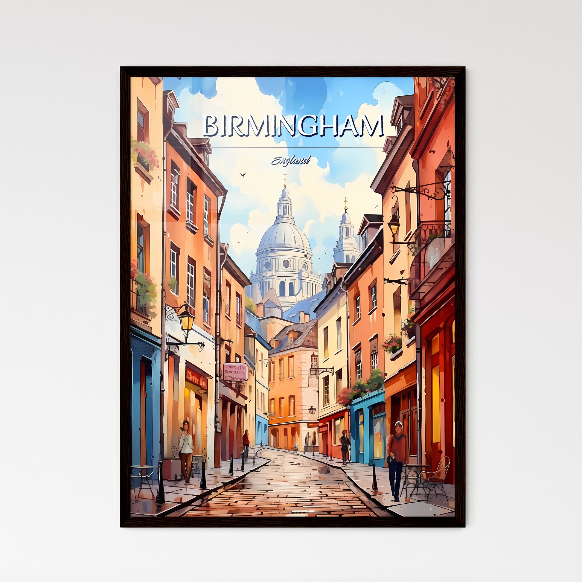 Birmingham, England - Art print of a street with buildings and a dome in the background Framed Art