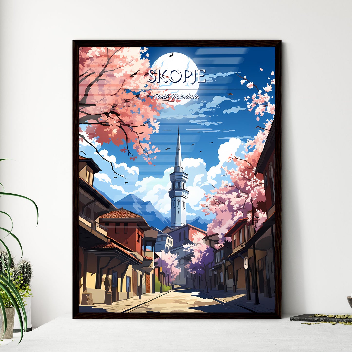 Skopje, North Macedonia - Art print of a street with buildings and trees and a tower Framed Art