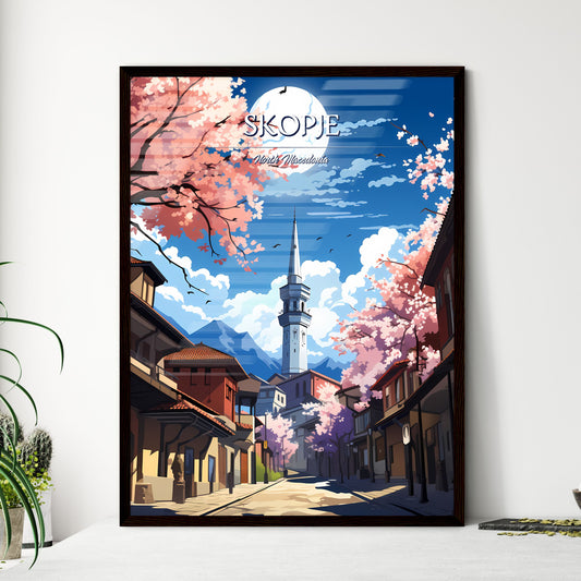 Skopje, North Macedonia - Art print of a street with buildings and trees and a tower Framed Art
