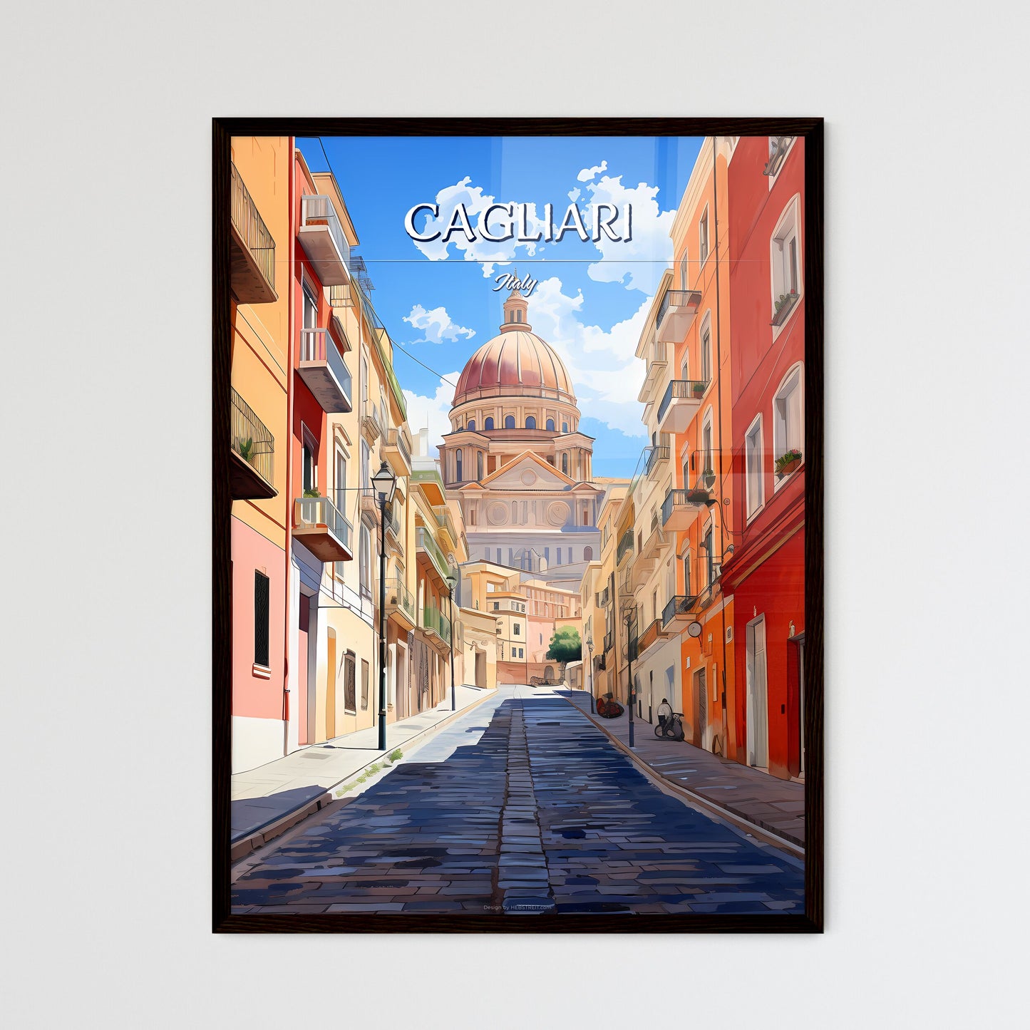 Cagliari, Italy - Art print of a street with buildings and a dome Framed Art