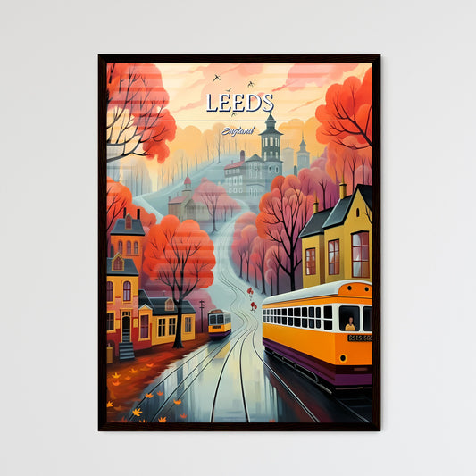 Leeds, England - Art print of a painting of a trolley going down a street Framed Art