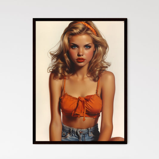50s pin up girl sitting on top of a copper still wearing a short halter top and denim shorts - Art print of a woman posing for a picture Default Title