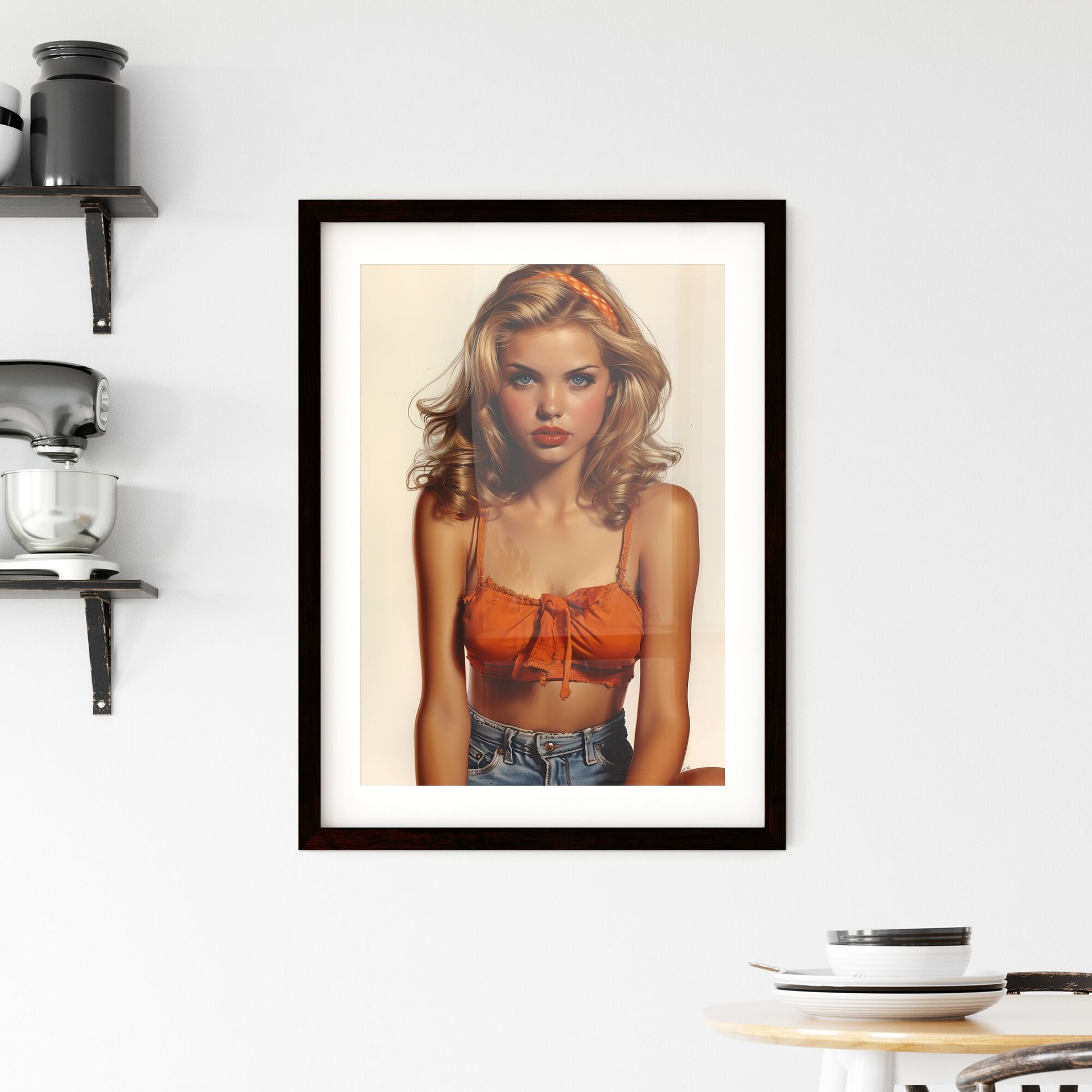 50s pin up girl sitting on top of a copper still wearing a short halter top and denim shorts - Art print of a woman posing for a picture Default Title