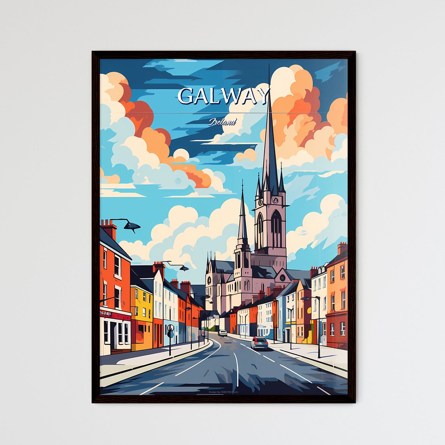 Galway, Ireland - Art print of a street with buildings and a church Framed Art