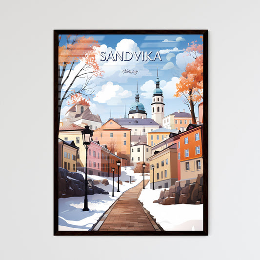 Sandvika, Norway - Art print of a snow covered path between buildings Framed Art
