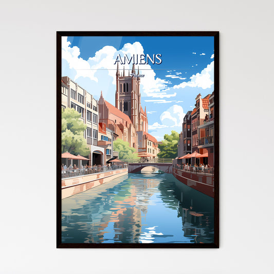 Amiens, France - Art print of a river with people and buildings Framed Art