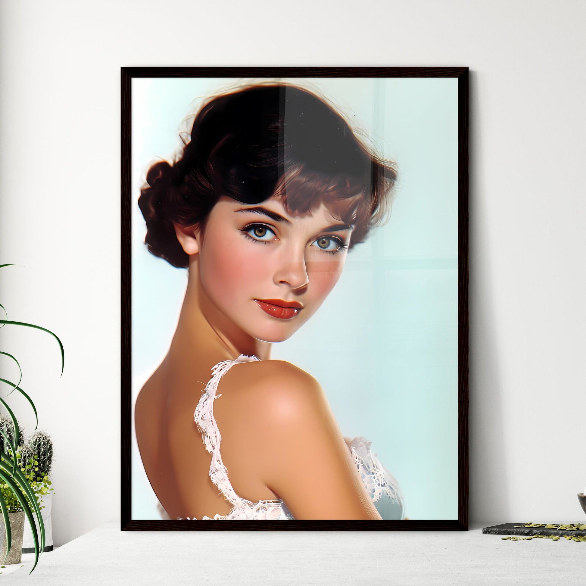 Fashion girl with white top and blue short r - Framed Art Print