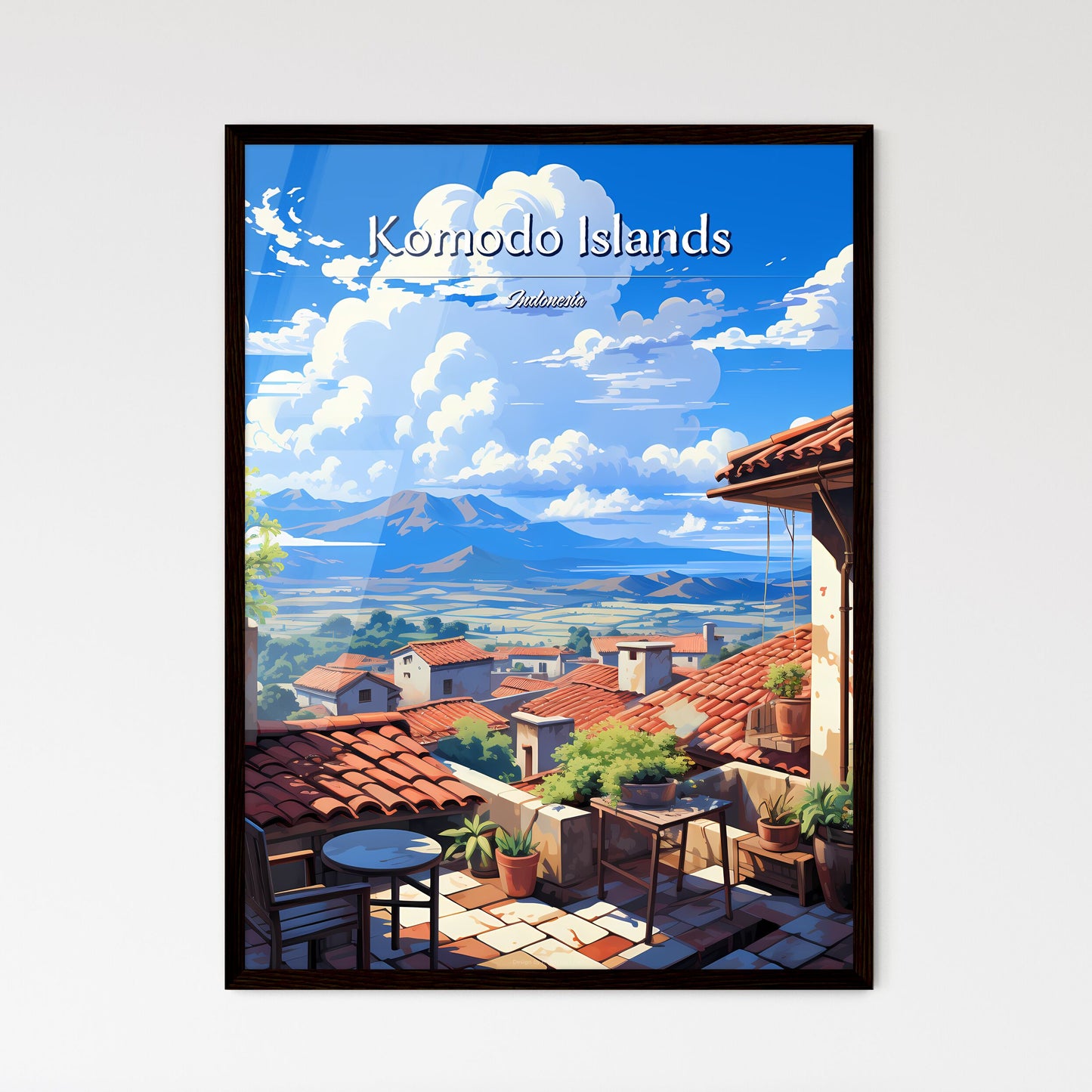 On the roofs of Komodo Islands, Indonesia - Art print of a rooftops of a town with a valley and mountains in the background Framed Art