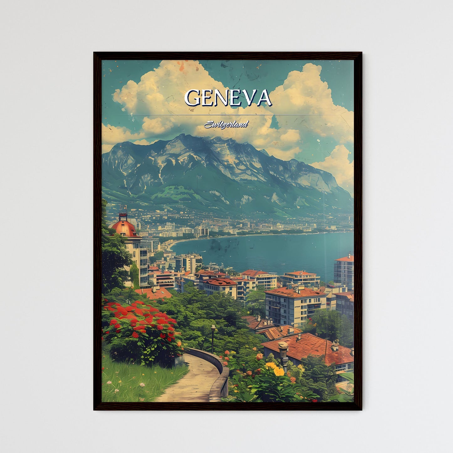 Geneva, Switzerland, - Art print of a city next to a body of water Framed Art