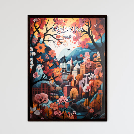 Sandvika, Norway - Art print of a painting of a city with trees and mountains Framed Art