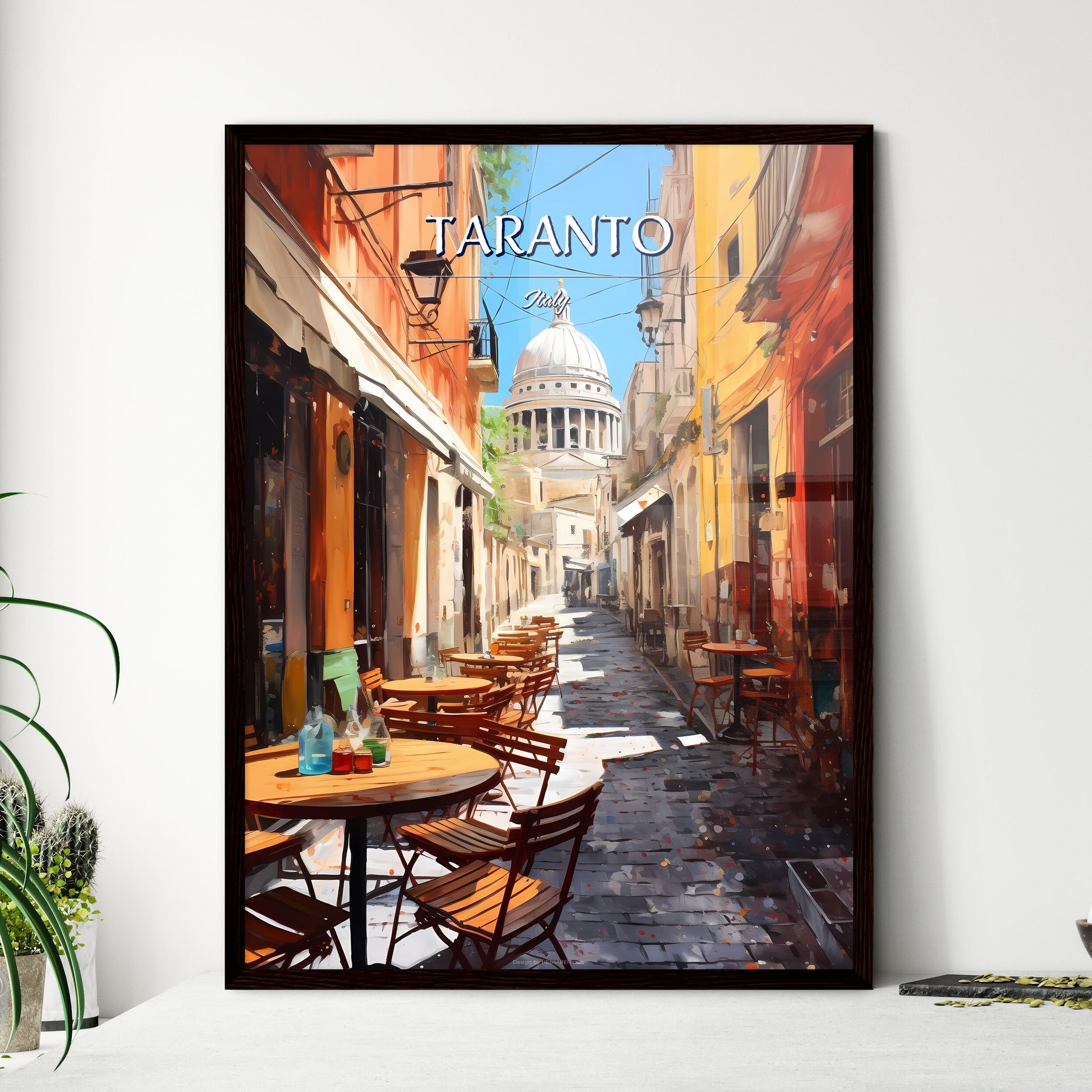 Taranto, Italy - Art print of a street with tables and chairs in front of a dome Framed Art