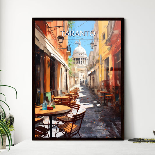 Taranto, Italy - Art print of a street with tables and chairs in front of a dome Framed Art
