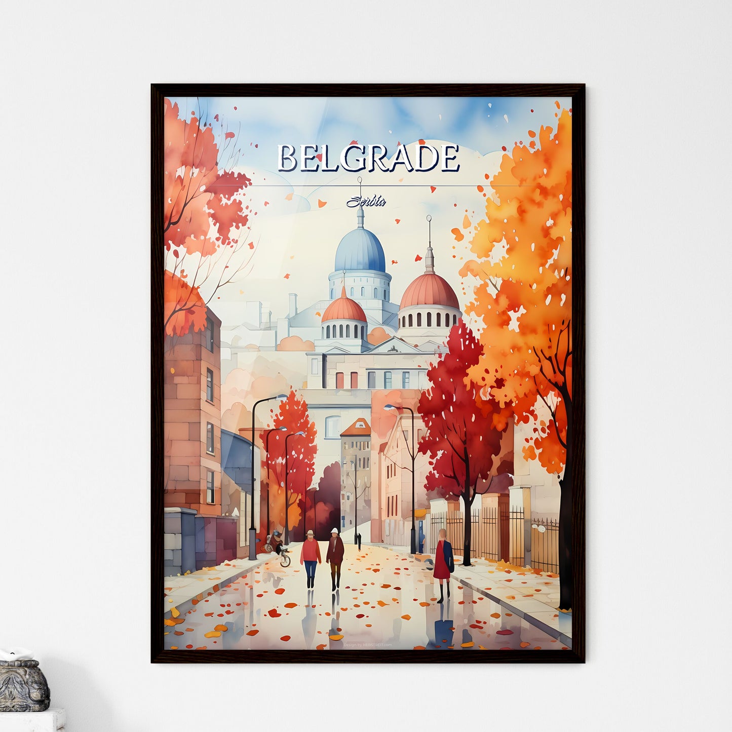 Belgrade, Serbia - Art print of a painting of a street with buildings and trees Framed Art