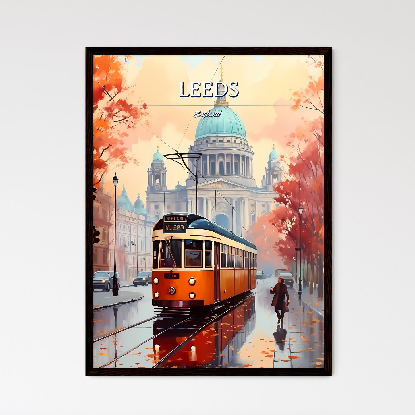 Leeds, England - Art print of a train on the street Framed Art