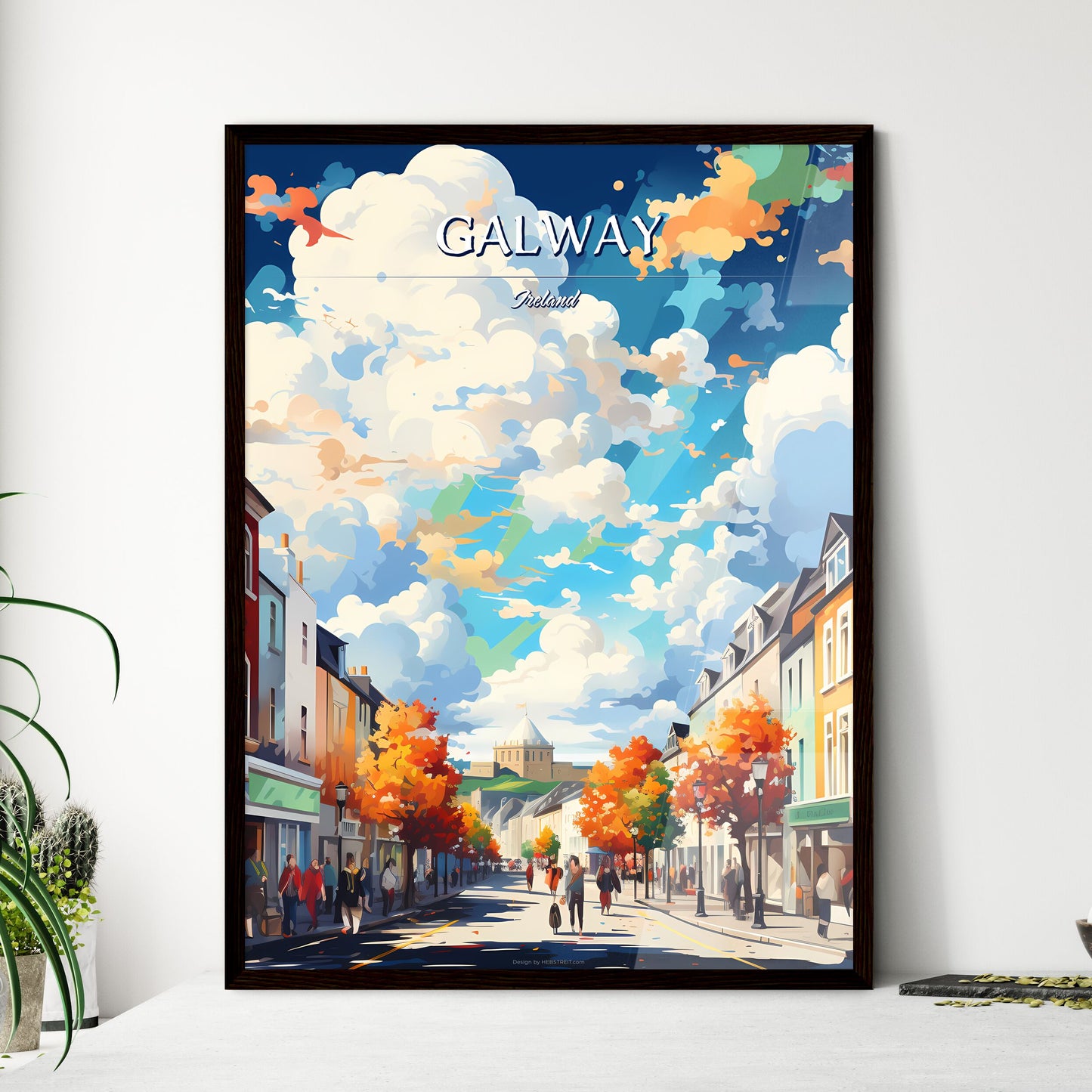 Galway, Ireland - Art print of a street with people walking on it Framed Art