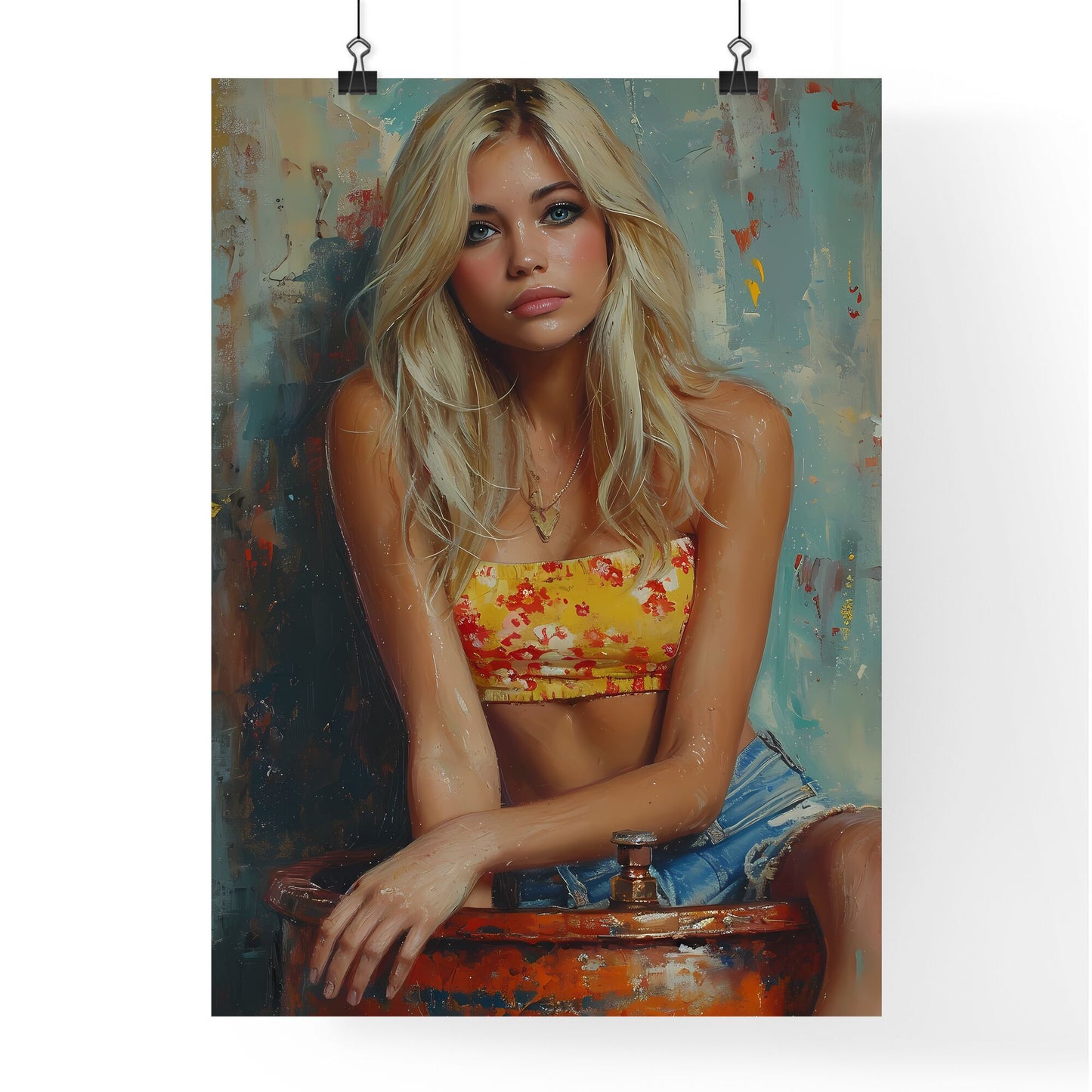 50s pin up girl sitting on top of a copper still wearing a short halter top and denim shorts - Art print of a woman sitting on a barrel Default Title
