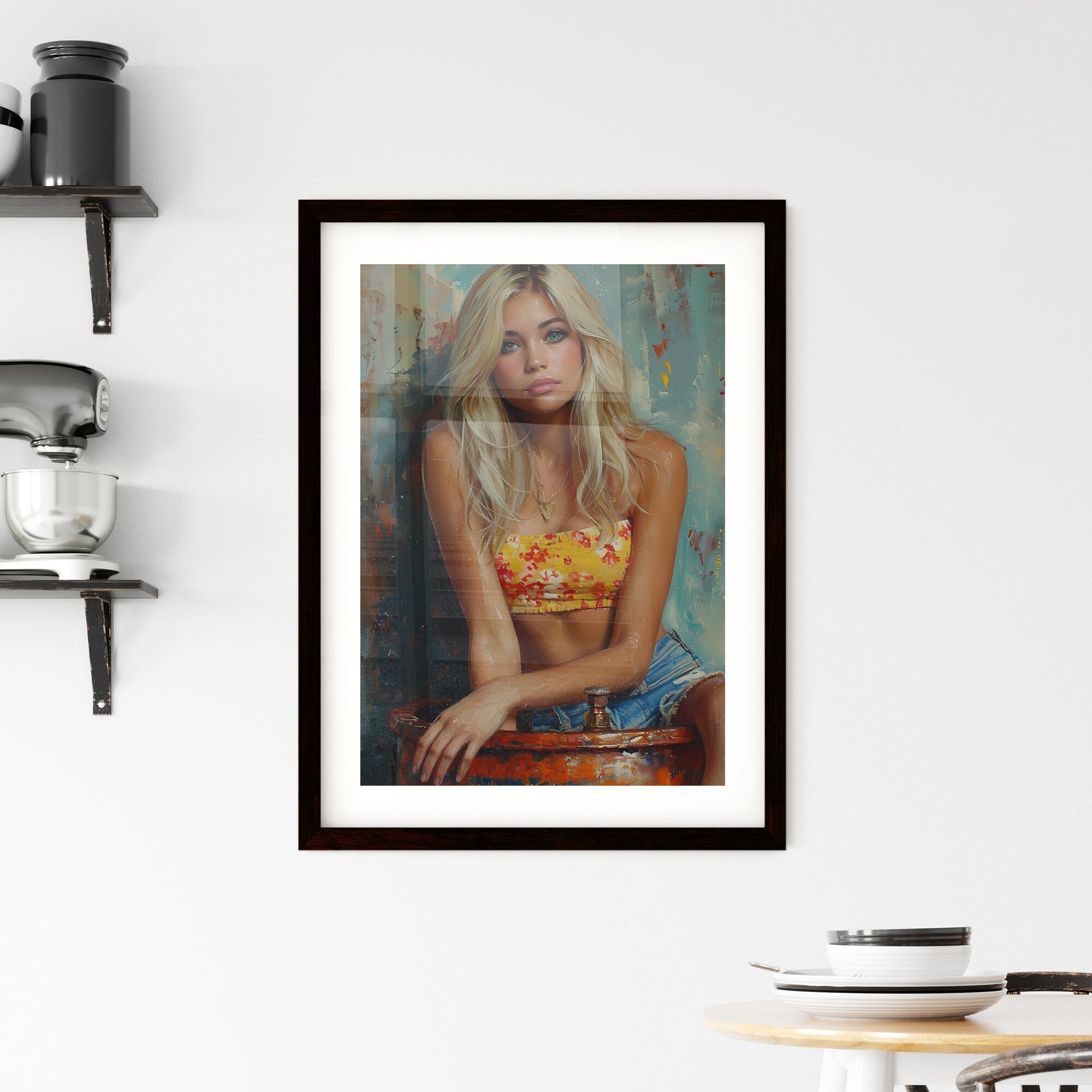 50s pin up girl sitting on top of a copper still wearing a short halter top and denim shorts - Art print of a woman sitting on a barrel Default Title