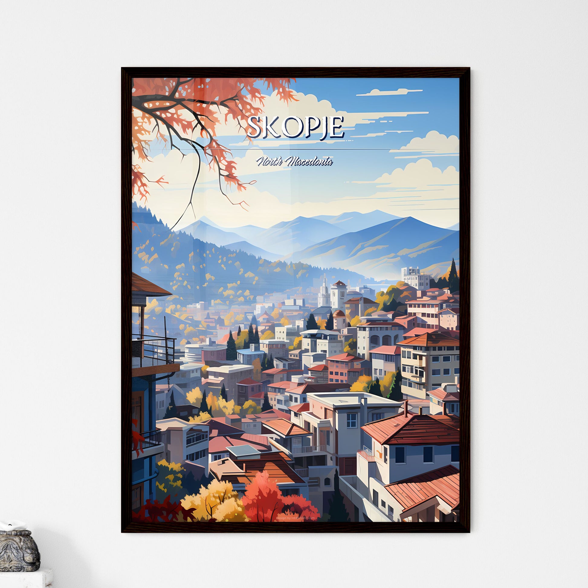 Skopje, North Macedonia - Art print of a city with mountains and trees Framed Art